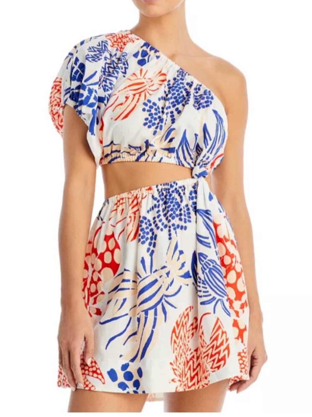 FARM Rio One-Shoulder Cutout Mini Dress in Off-White with Blue & Red Print